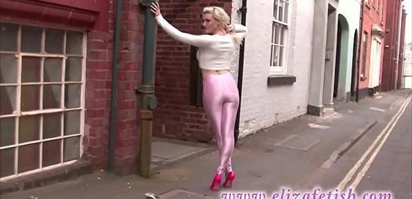  skin tight pink leggings, designer pink high heels, out in Birmingham